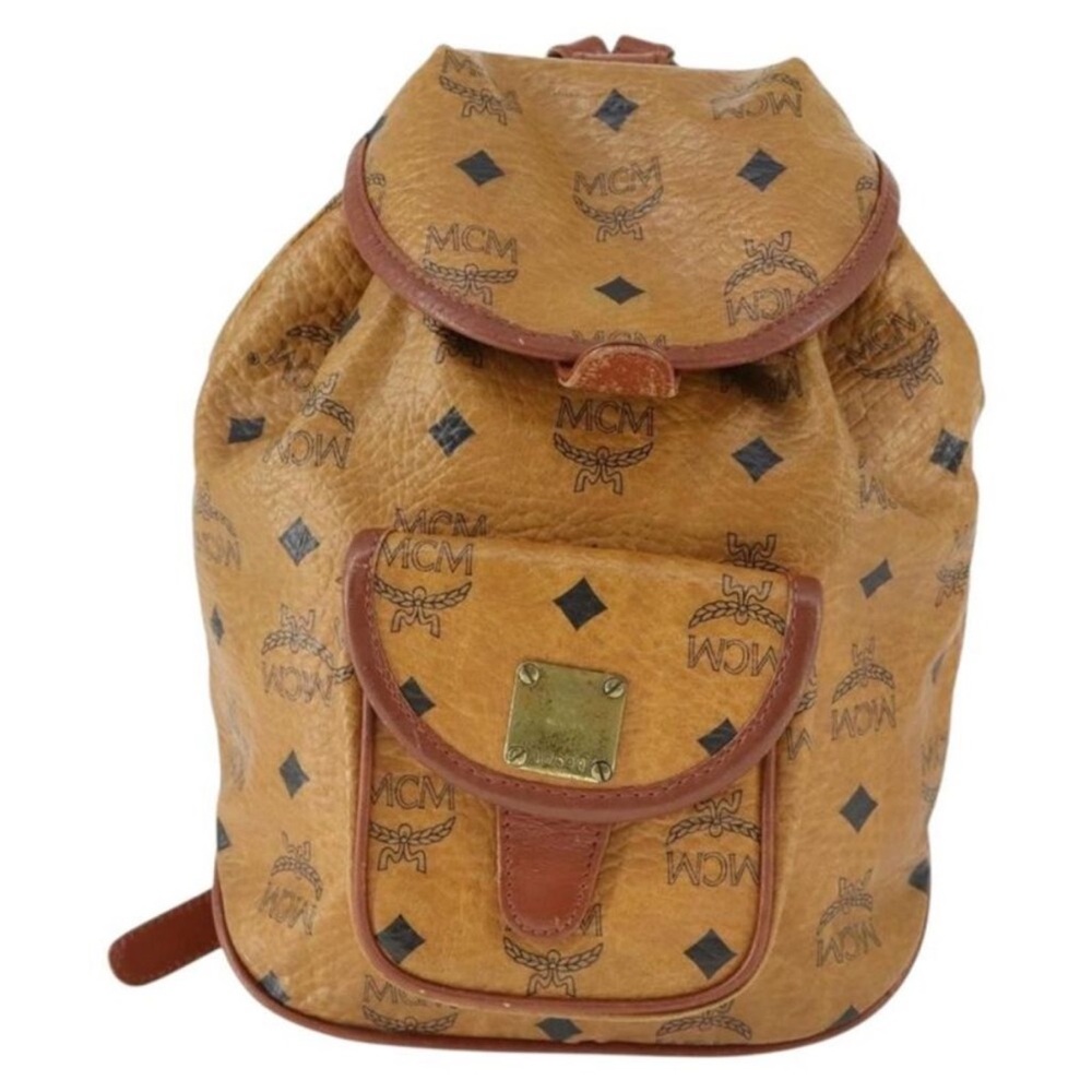 MCM Cognac Logo Canvas Backpack with Brown Leather Trim
